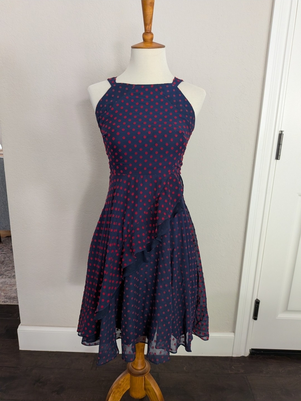 Eva Franco Navy Dress with Red Polka Dots Halter Midi